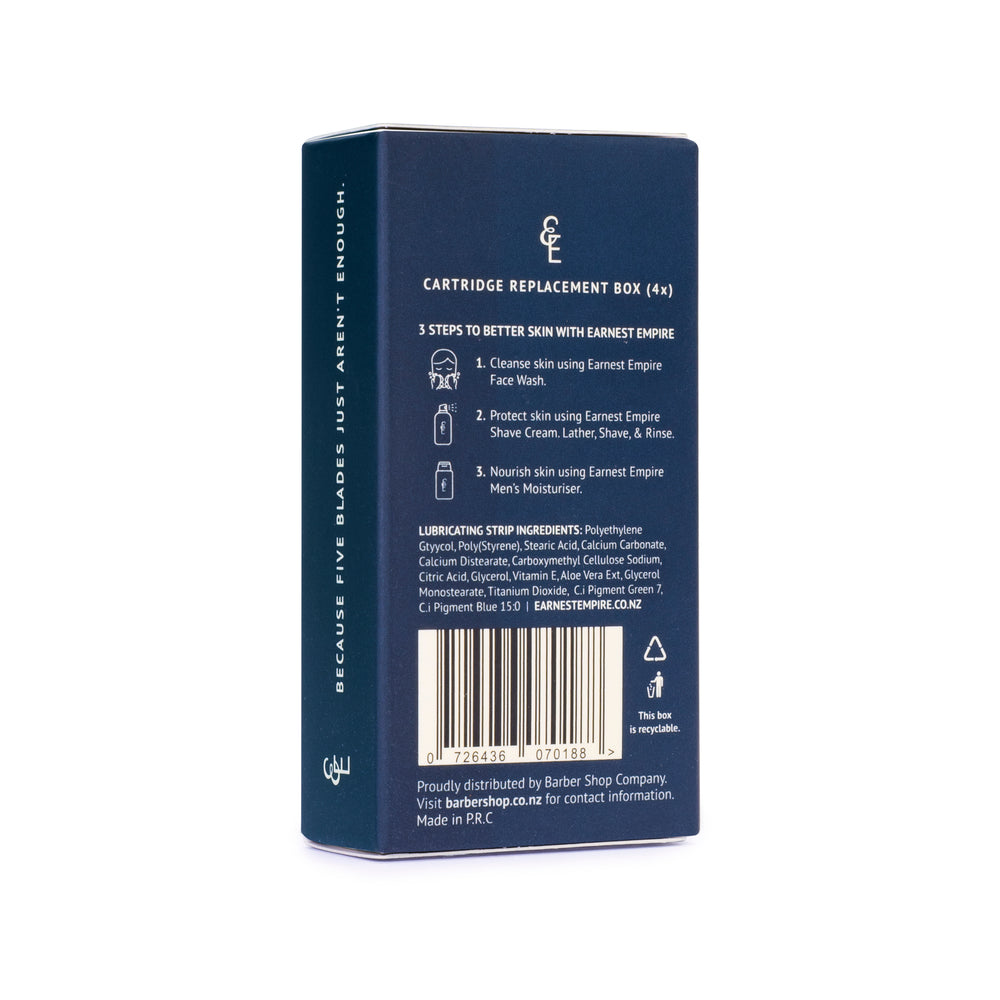 Back of the Earnest Empire refill box showing shaving instructions, lubrication strip ingredients and barcode.