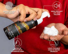 Load image into Gallery viewer, Suavecito Curl Mousse being dispensed into a hand, highlighting curl definition, volume, hydration and flexible hold.