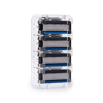 Four Earnest Empire six-blade refill cartridges with blue lubrication strips in a clear holder.
