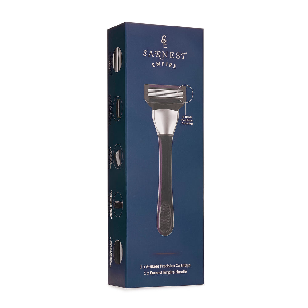 Navy Earnest Empire razor box showing one shave handle and one six-blade cartridge.