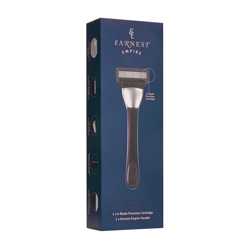 Navy Earnest Empire razor box showing one shave handle and one six-blade cartridge.