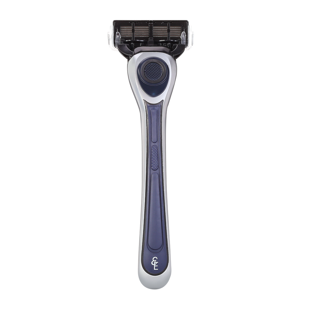 Earnest Empire razor viewed from the back, showing the navy and silver handle and attached cartridge.