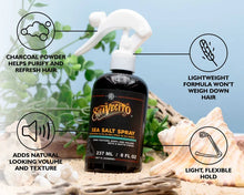 Load image into Gallery viewer, Suavecito Sea Salt Spray highlighting charcoal powder, lightweight formula, natural volume and flexible hold.