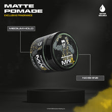 Load image into Gallery viewer, Suavecito Matte Pomade jar above a black display stand against a black and yellow background.