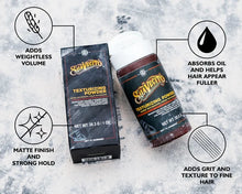 Load image into Gallery viewer, Suavecito Texturizing Powder 28.3g showing benefits including weightless volume, oil absorption, strong hold and matte finish.