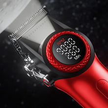 Load image into Gallery viewer, Close-up of Red Voyager V-001 Hair Clipper with DLC Coated Fixed Blade and Ceramic Moving Blade